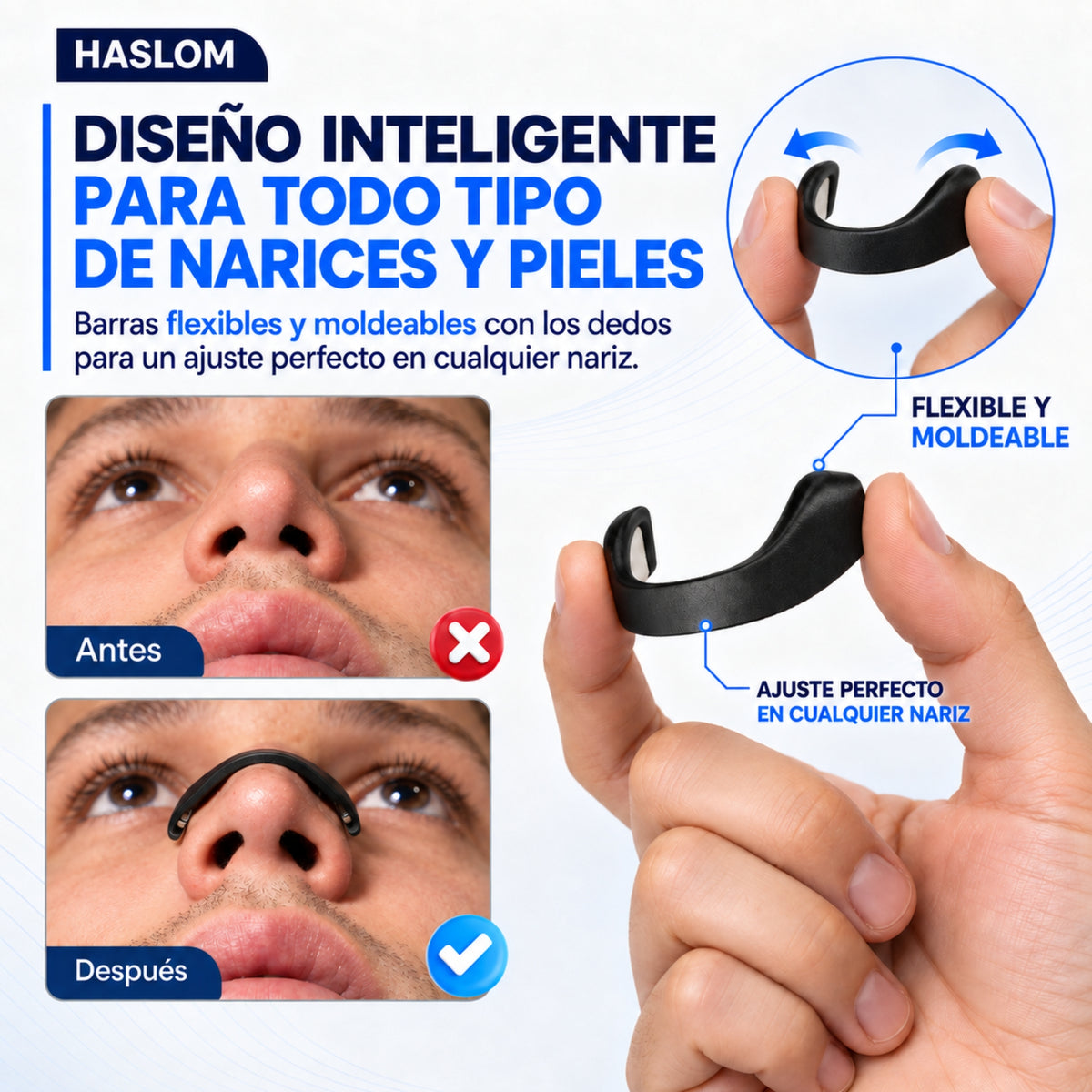 Banda flexible que se moldea con los dedos para adaptarla a la nariz