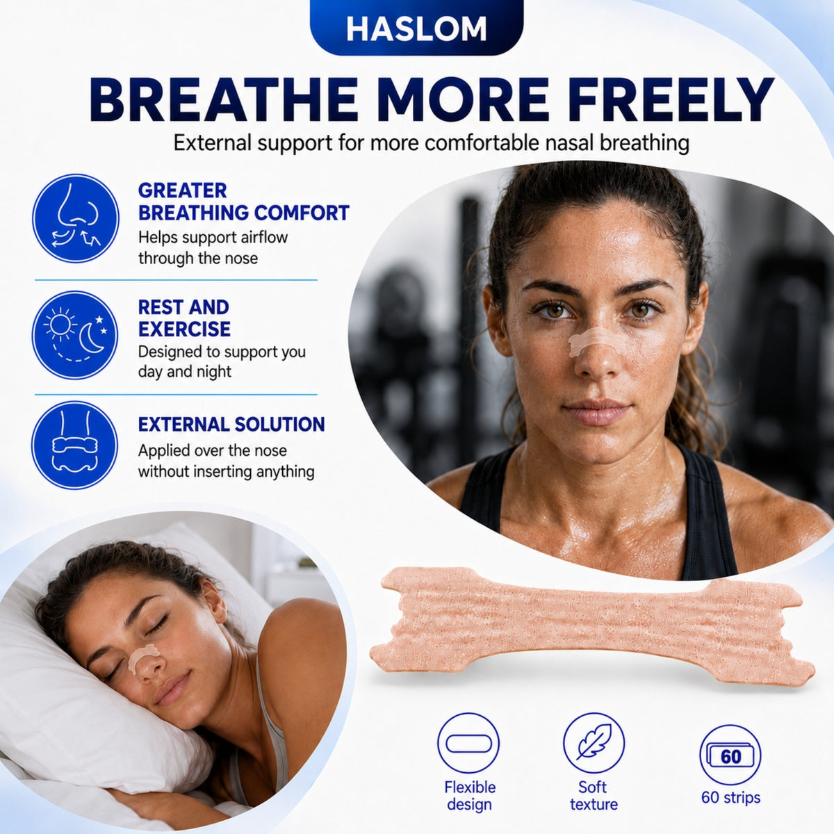 HASLOM Premium nasal strip on the nose for sleep