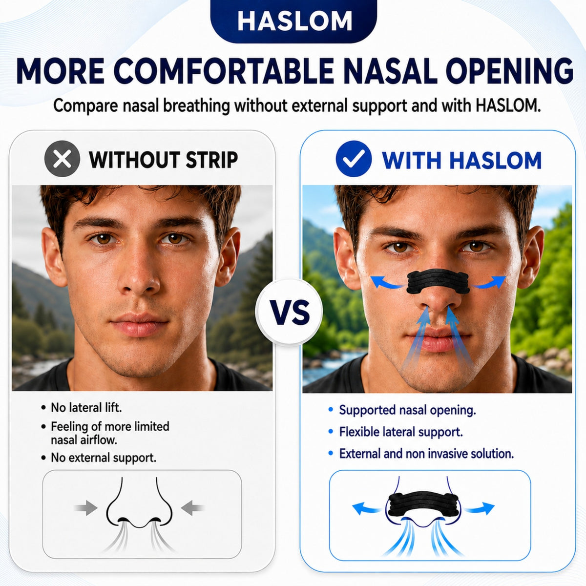 HASLOM Black nasal strips with a wider nasal opening