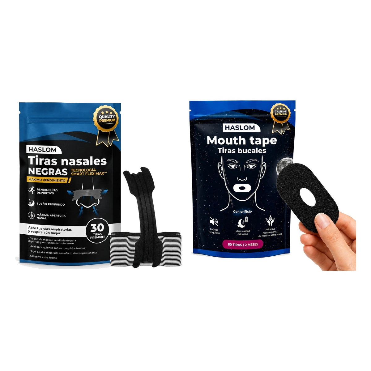 Pack Noche Completa Black con Orificio HASLOM: tiras nasales Black + tiras bucales con orificio