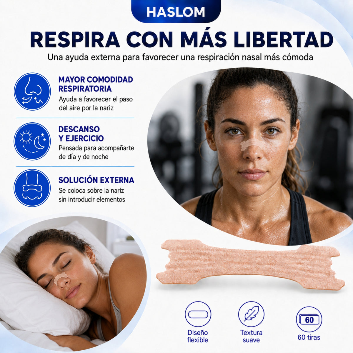 Tira nasal HASLOM Premium colocada en la nariz para dormir