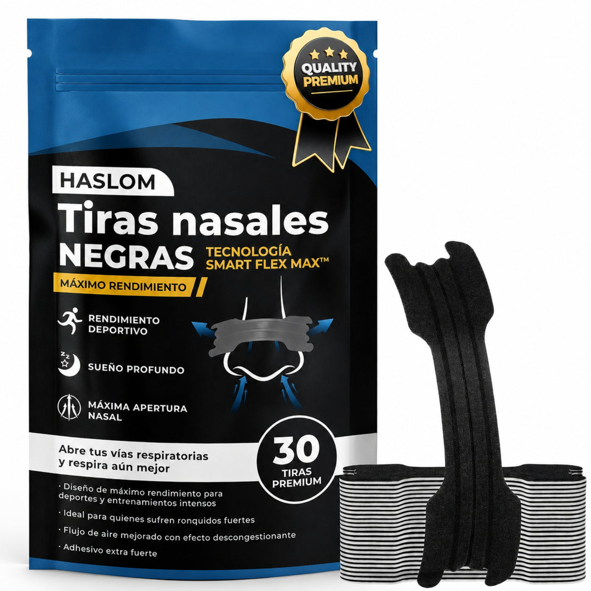 Tiras nasales deportivas negras HASLOM Black Performance – 30 tiras