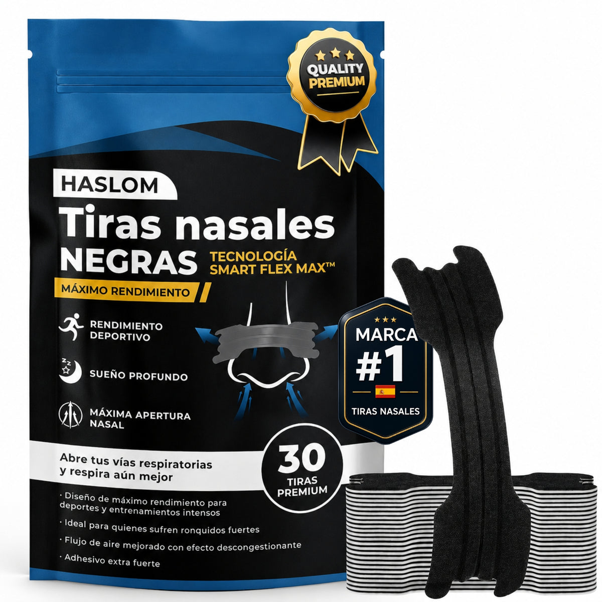 Tiras nasales negras extra fuertes HASLOM Black para deporte